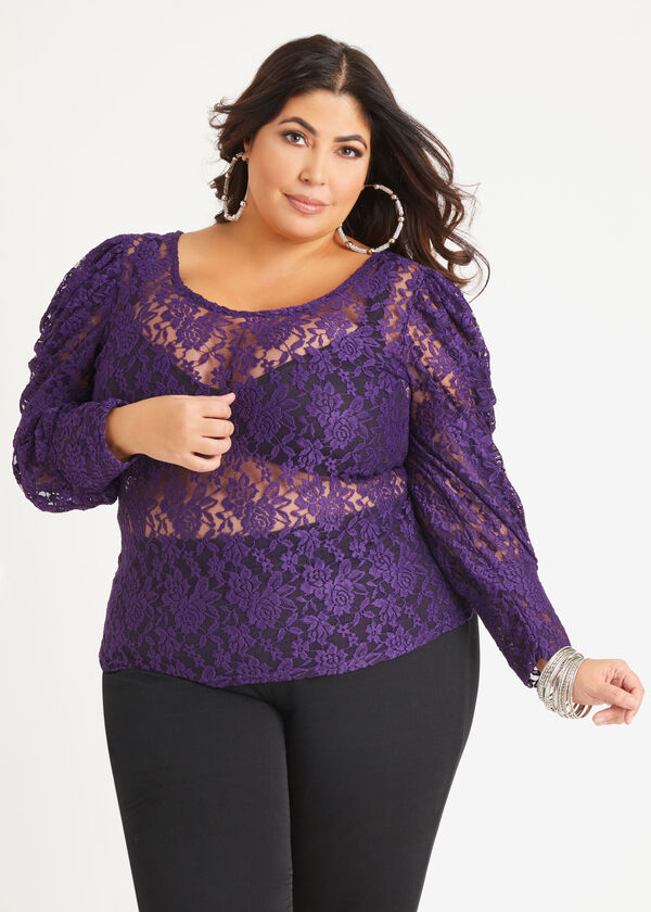 Stretch Lace Puff Sleeve Top, Acai image number 0