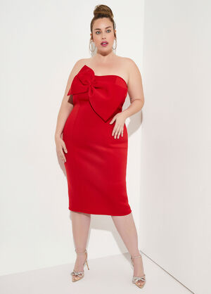 Bow Embellished Strapless Dress, Red image number 0