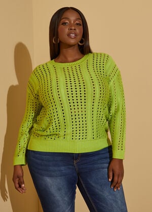 Pointelle Knit Sweater, Lime Green image number 0