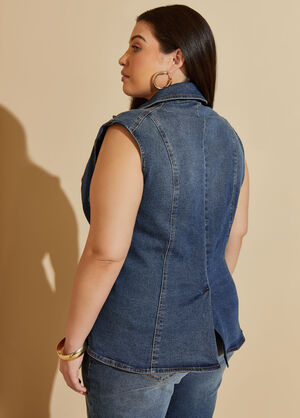 Double Breasted Stretch Denim Vest, Dk Rinse image number 1