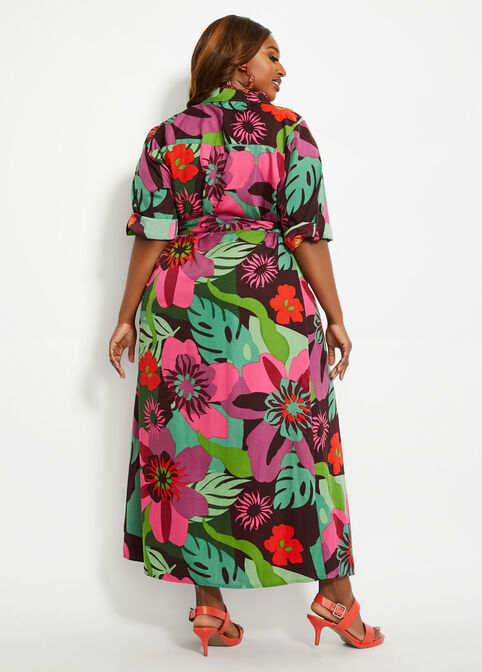 Belted Floral Maxi Shirtdress, Multi image number 1