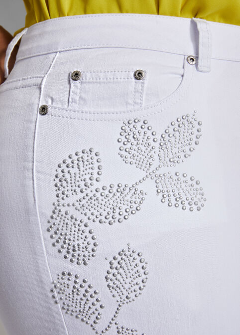 White Studded Leaf Skinny Jeans, White image number 4