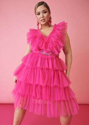 Tiered Tulle Dress, Magenta image number 0