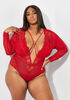 Mesh And Lace Crisscross Bodysuit, Red image number 0