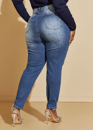 Faux Pearl Distressed Skinny Jeans, Medium Blue image number 1