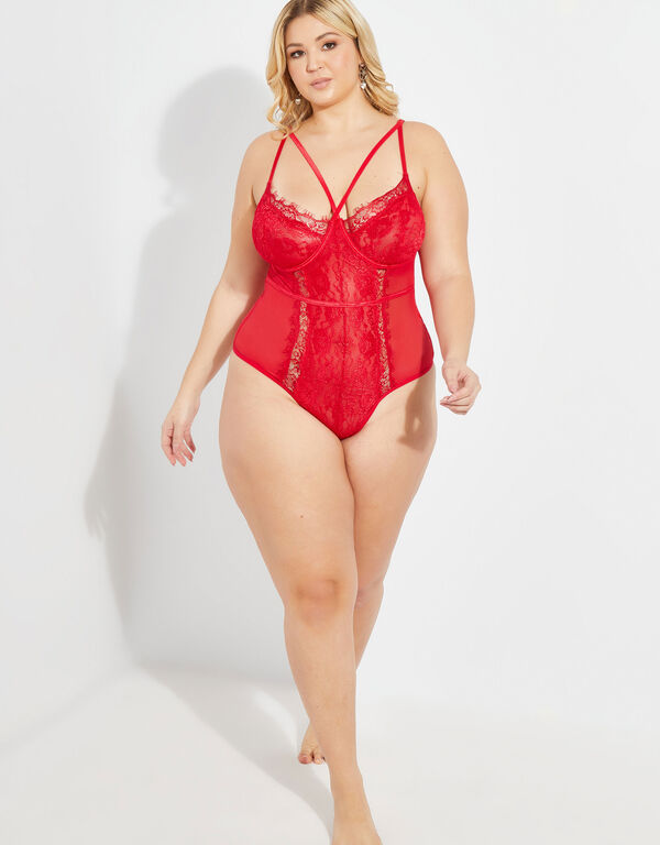 Lace And Mesh Bodysuit, Red image number 0