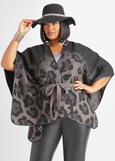 Belted Faux Leather Trimmed Poncho, Brown Animal image number 0