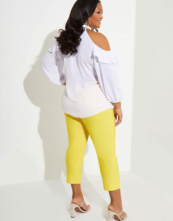 Ruffle Trimmed Cold Shoulder Top, White image number 1