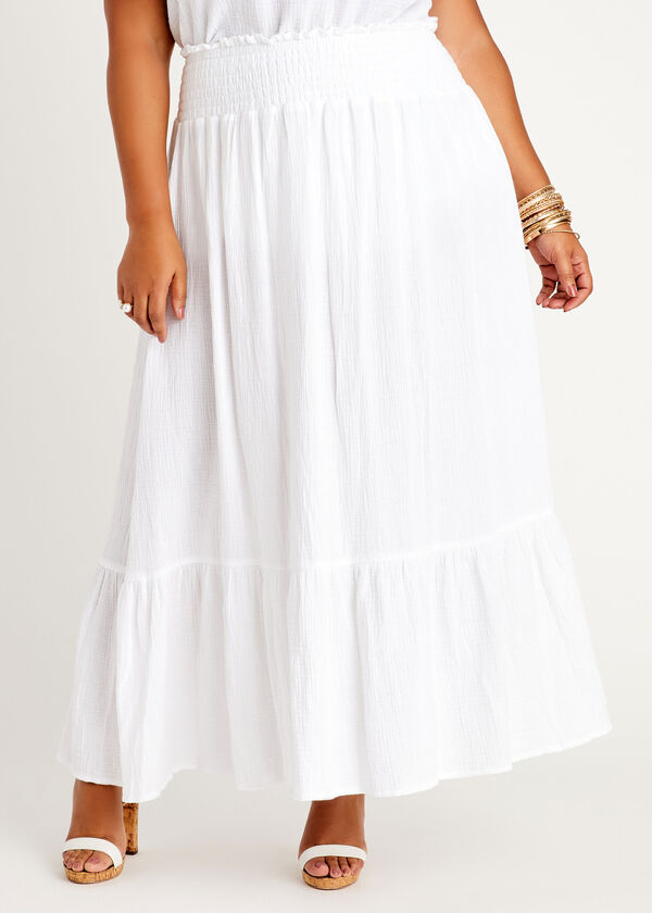 Smocked Textured Gauze Maxi Skirt, White image number 0