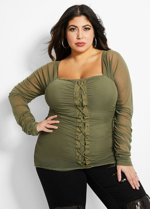 Plus Size Mesh Ruched Lace-Up Off-The-Shoulder Top image number 0
