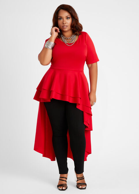 Plus Size Tiered Peplum Scuba Hi Low Stretch Knit Duster Maxi Top image number 0