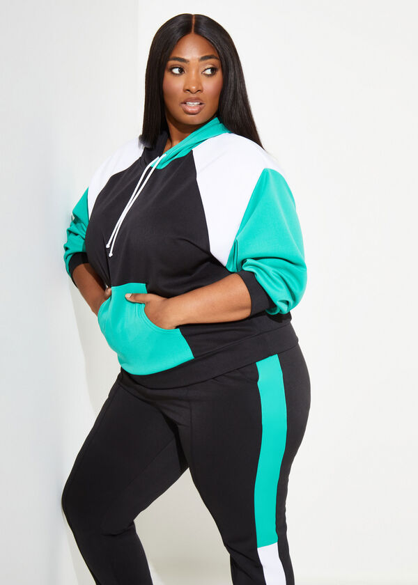 Colorblock Stretch Knit Hoodie, Mint Green image number 3