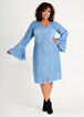 Denim Bell Sleeve Zip Front Dress, Medium Blue image number 0