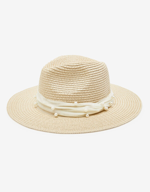 Faux Pearl Embellished Panama Hat, Natural image number 1