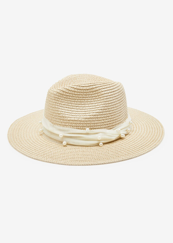 Faux Pearl Embellished Panama Hat, Natural image number 1
