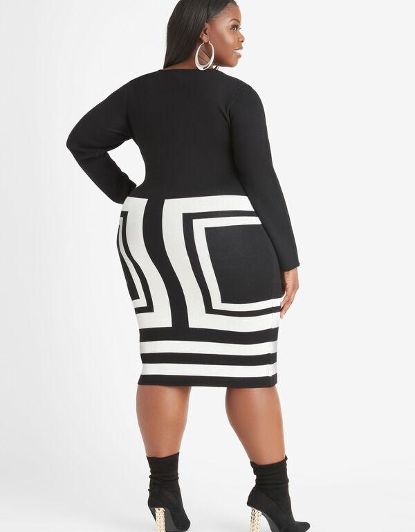 Intarsia Knit Bodycon Sweater Dress, Black White image number 1