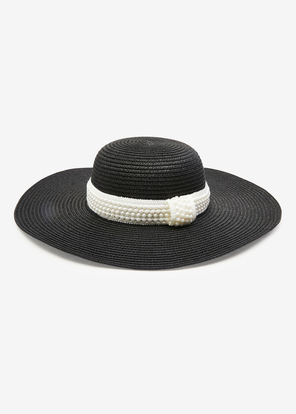 Faux Pearl Wide Brim Straw Hat, Black image number 1