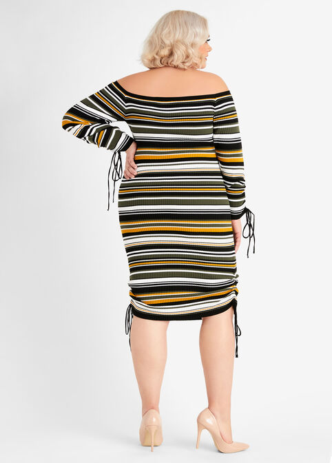 Striped Ruched Sweater Dress, Olive image number 1