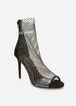 Trendy Faux Suede Rhinestone Lace Fishnet PVC Stiletto Sandals image number 0