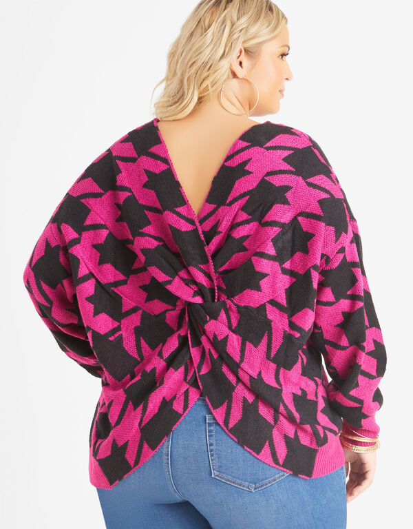 Houndstooth Knotted Sweater, Fuchsia Red image number 0
