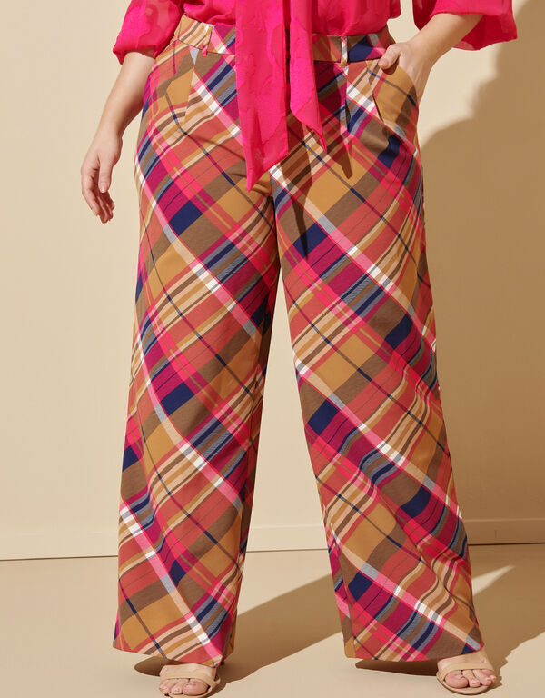 Plaid Twill Straight Leg Trousers, Bright Rose image number 0
