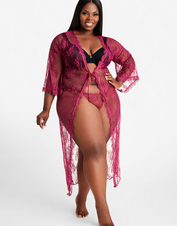 Stretch Lace Robe And Thong Set, Raspberry Radiance image number 0