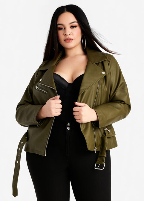 Plus Size Olive Green Belted Faux Leather Edgy Cropped Moto Jacket image number 0
