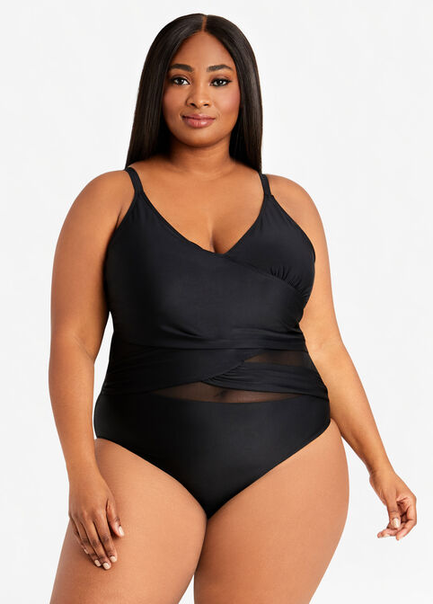 Trendy Plus Size Nicole Miller Crisscross Mesh Tummy Control Swimsuit