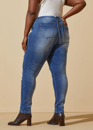 Distressed Lace Up Skinny Jeans, Dk Rinse image number 1