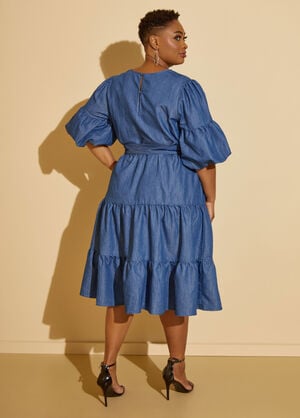 Puff Sleeved Chambray Dress, Denim image number 1