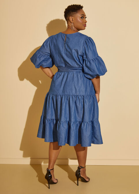 Puff Sleeved Chambray Dress, Denim image number 1
