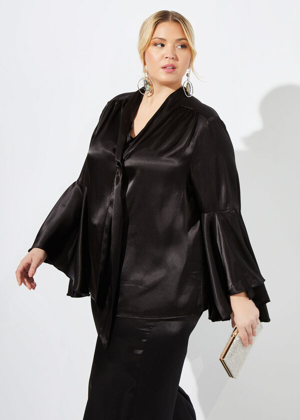 Tie Neck Charmeuse Blouse, Black image number 2