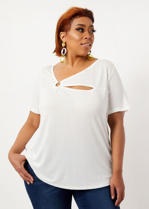 Plus Size Asymmetric Ring Neck Cutout Stretch Knit Summer Tops image number 0