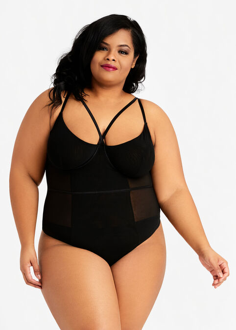 Plus Size Sexy Lingerie Black Criss Cross Mesh Cutout Shaping Bodysuit