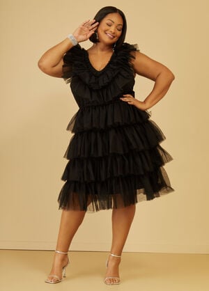 Tiered Tulle Dress, Black image number 0
