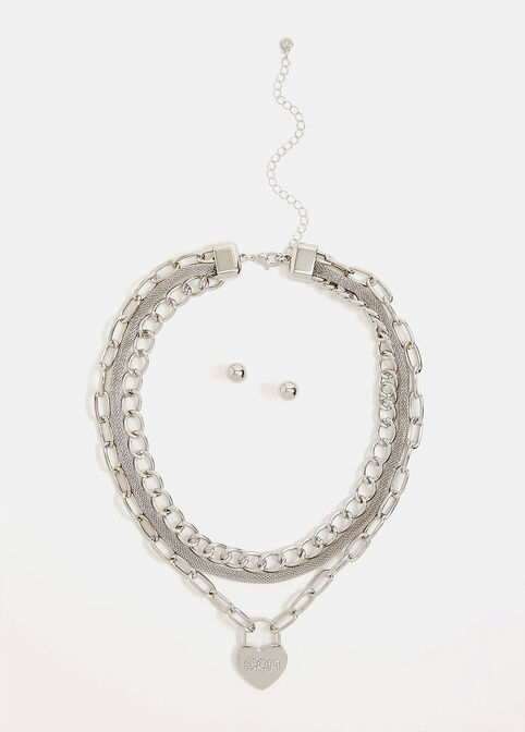 Silver Mom Charm Necklace & Studs, Silver image number 2