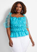 Plus Size Ruched Organza Peasant Sheer Puff Sleeve Crop Top image number 0