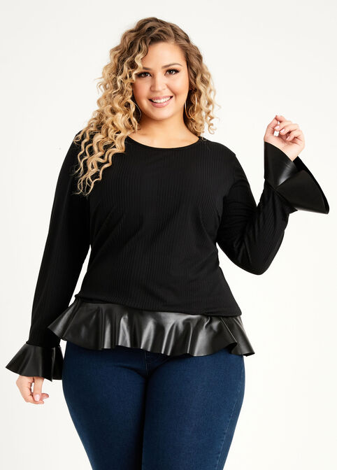 Faux Leather Trim Knit Peplum Top, Black image number 0