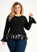 Faux Leather Trim Knit Peplum Top, Black image number 0