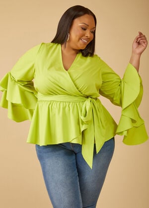 Ruffled Faux Wrap Blouse, LIME PUNCH image number 0