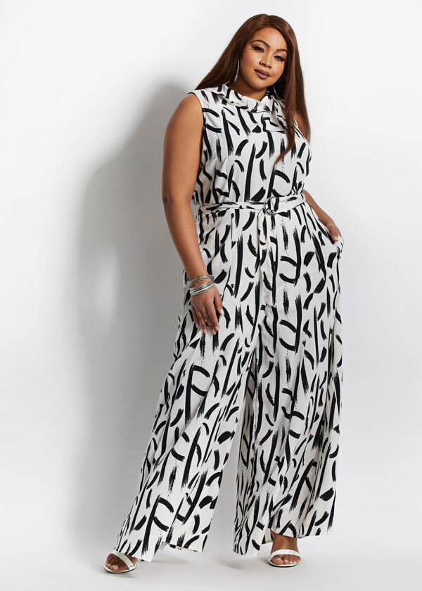 Plus Size White Black Belted Abstract Wide Leg Sleeveless Jumpsuit