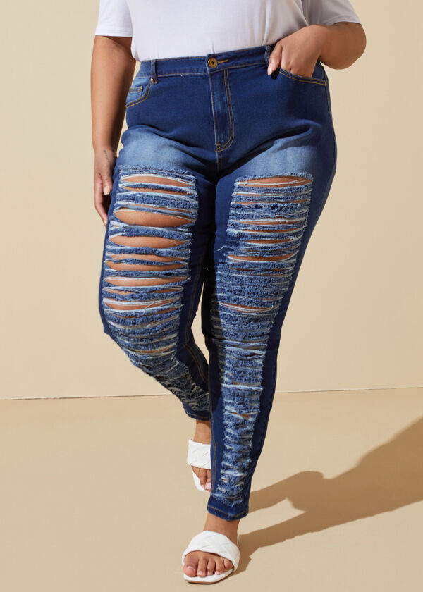 Distressed Front High Rise Jeans, Dk Rinse image number 0