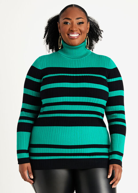 Striped Ribbed Turtleneck Sweater, Pepper Green image number 0