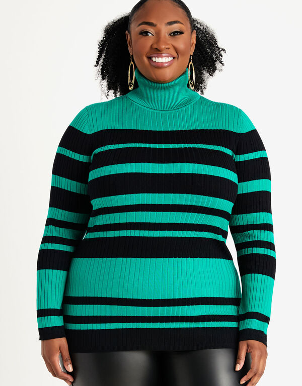 Striped Ribbed Turtleneck Sweater, Pepper Green image number 0