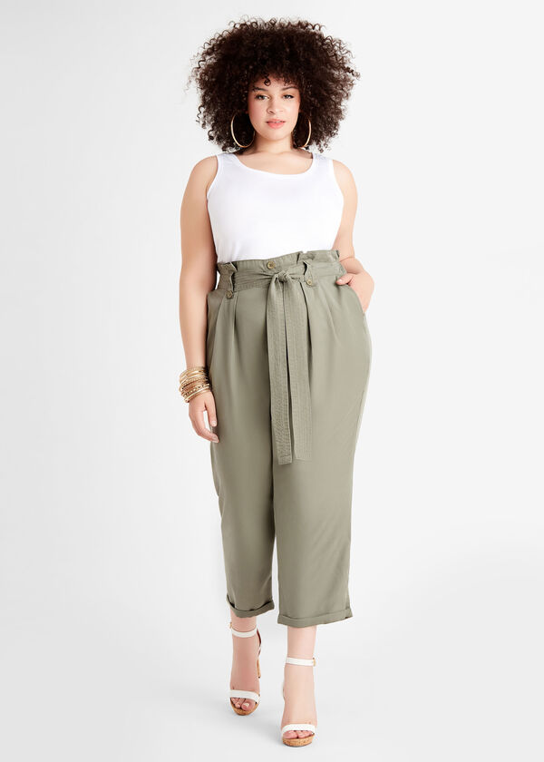 Tie Waist Cuffed Ankle Pant, Olive image number 2