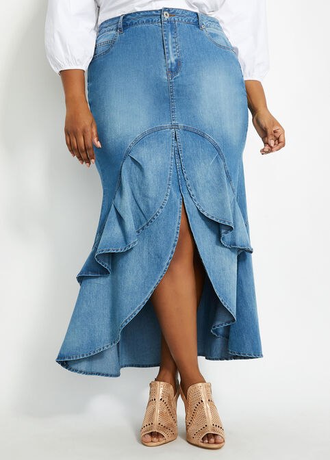 Ruffled Slit Front Denim Skirt, Blue image number 0