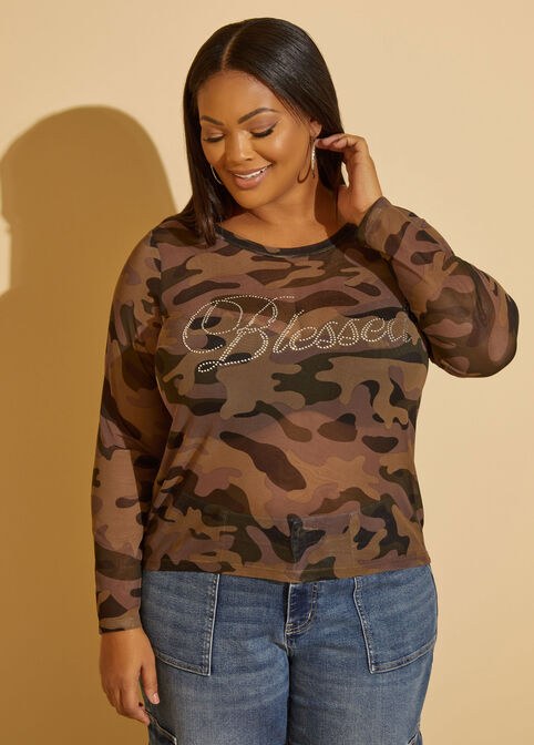 Blessed Camo Print Mesh Tee, Multi image number 0