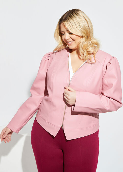 Plus Size Faux Leather Puff Sleeve Open Front Blazer Jacket image number 0
