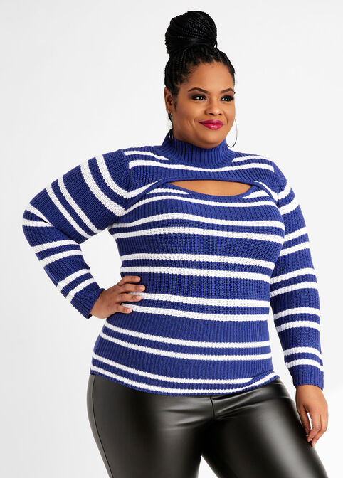 Plus Size Striped Cutout Mock Neck Cable Knit Cozy Chic Fitted Sweater image number 0
