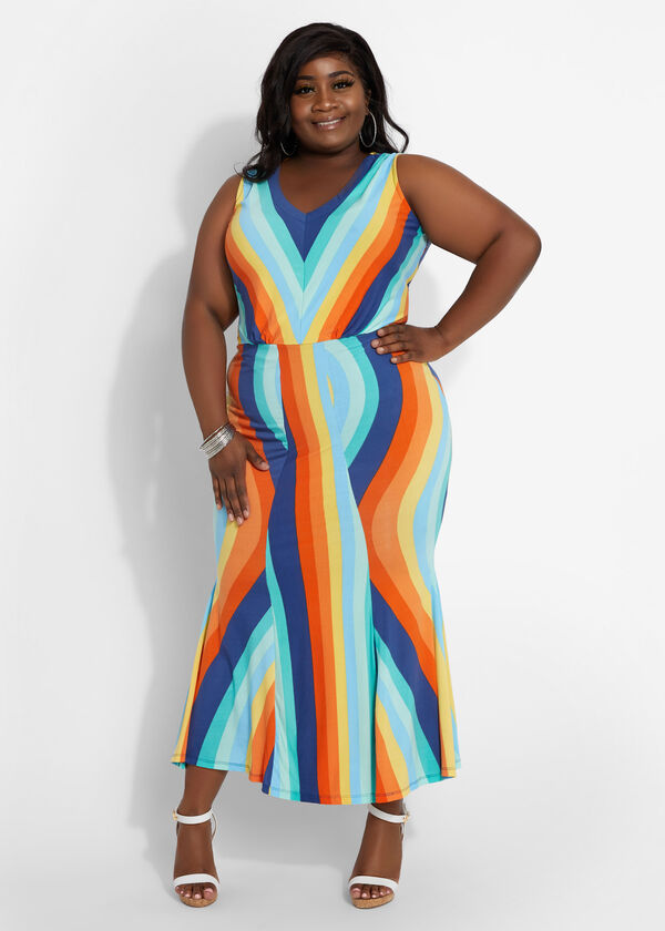 Plus Size Rainbow Stripe Bodycon Mermaid Flounce Summer Midi Dress